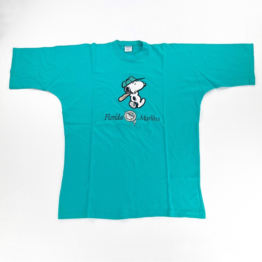 Vintage 90s Ultimate Sports Wear Blue Snoopy Florida Marlins Baseball Shirt Top - Picture 1 of 5